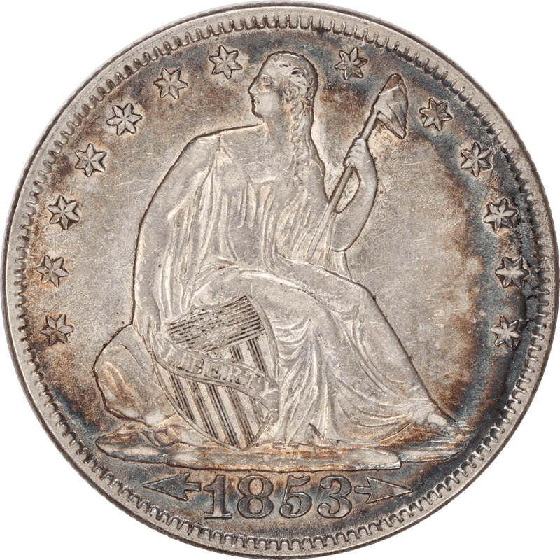 1853 Arrows and Rays Seated Liberty Half Dollar, 50c Choice Almost Uncirculated - Nice Album Toning