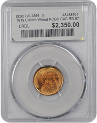 1919 Lincoln Wheat PCGS CAC RD 67 