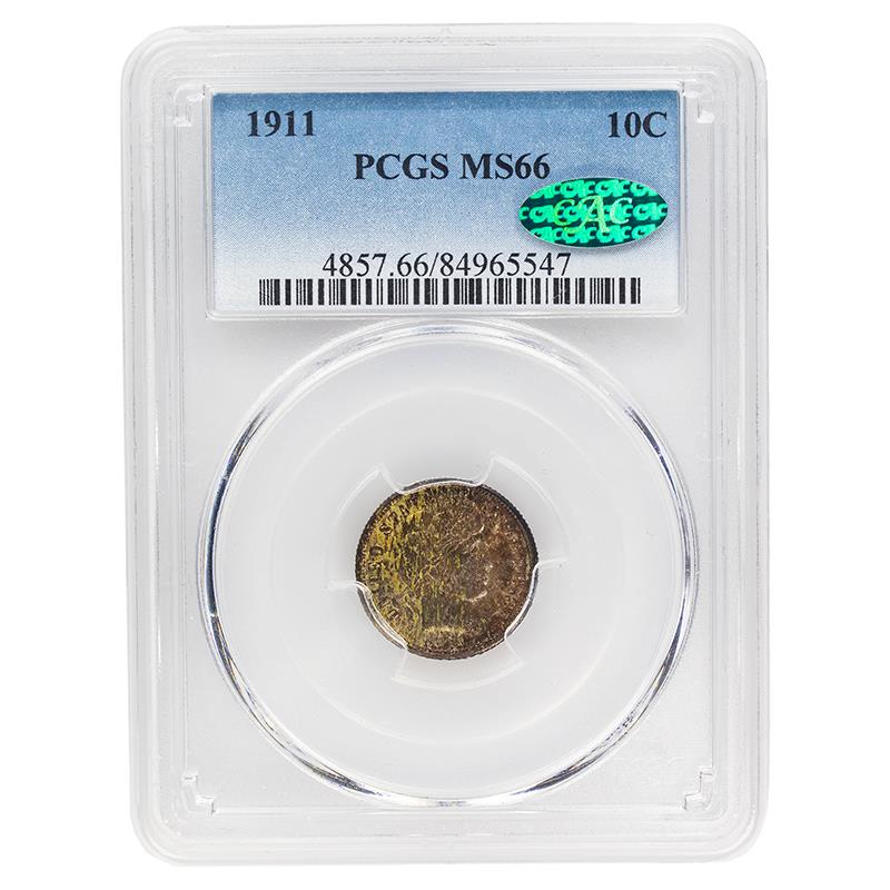 1911 Barber Dime, 10 C PCGS MS 66, CAC Certified - Nice Original Coin