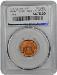 1944-D Lincoln PCGS CAC RD 67+