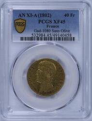 French Gold 40 Francs Year Xl PCGS XF45 Gad-1080 Sans Olive 