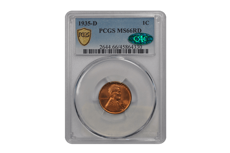 1935-D 1C Lincoln Cent - Type 1 Wheat Reverse PCGS RD (CAC) #3616-1 MS66