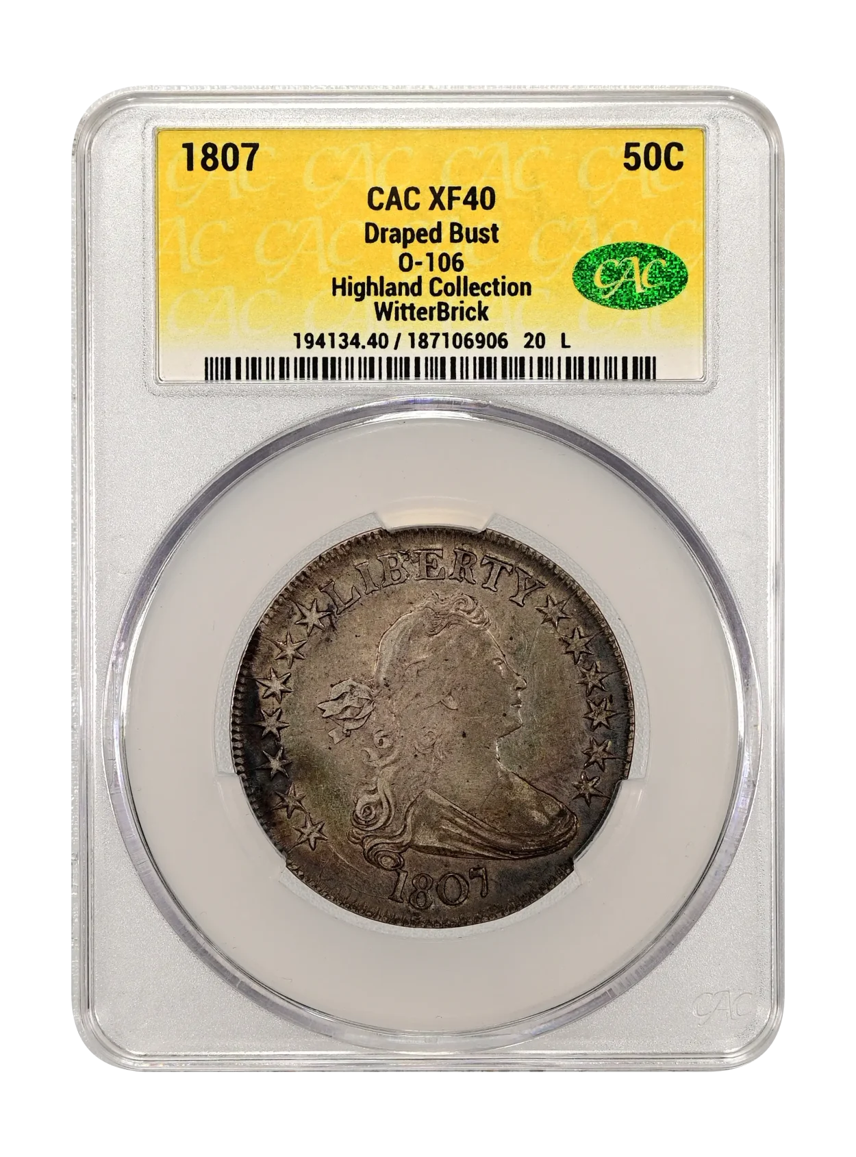 1807 Draped Bust 50c O-106 CACG XF-40 WitterBrick