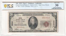 Fr. 1802-1 1929 $20 Central National Bank of Oakland 9502 Type 1 PCGS VF30 