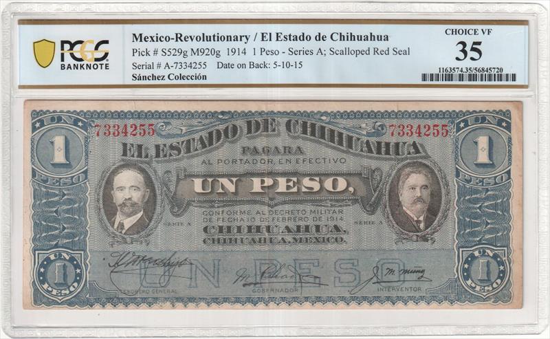 1914 1 Peso Mexico-Revolutionary Chihuahua Pick # S529g M920g Ch VF