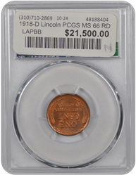 1918-D Lincoln PCGS MS 66 RD