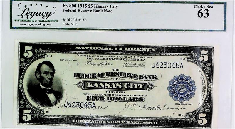 FR. 800 1915 $5 KANSAS CITY FEDERAL RESERVE BANK NOTE  CHOICE NEW 63 