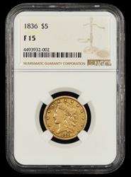 1836 $5 Gold NGC F15