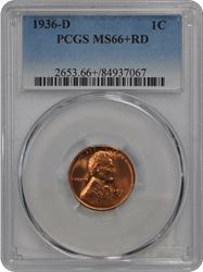 1936-D 1C Lincoln Cent - Type 1 Wheat Reverse PCGS RD #3457-1 MS66+