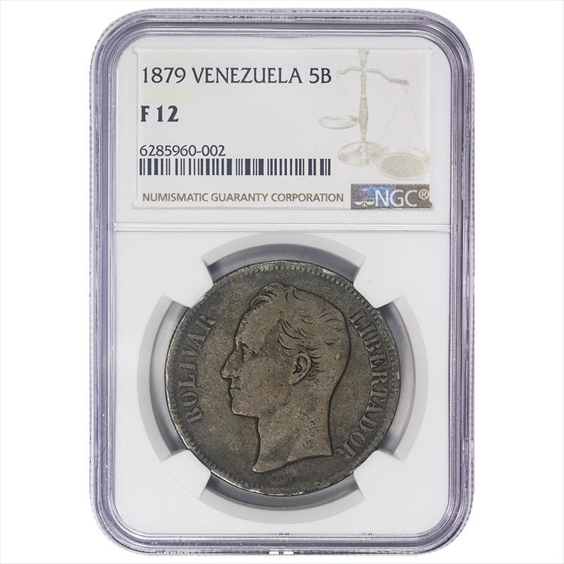 1879 Venezuela 5 Bolivares - NGC F12 - Nice Original Coin