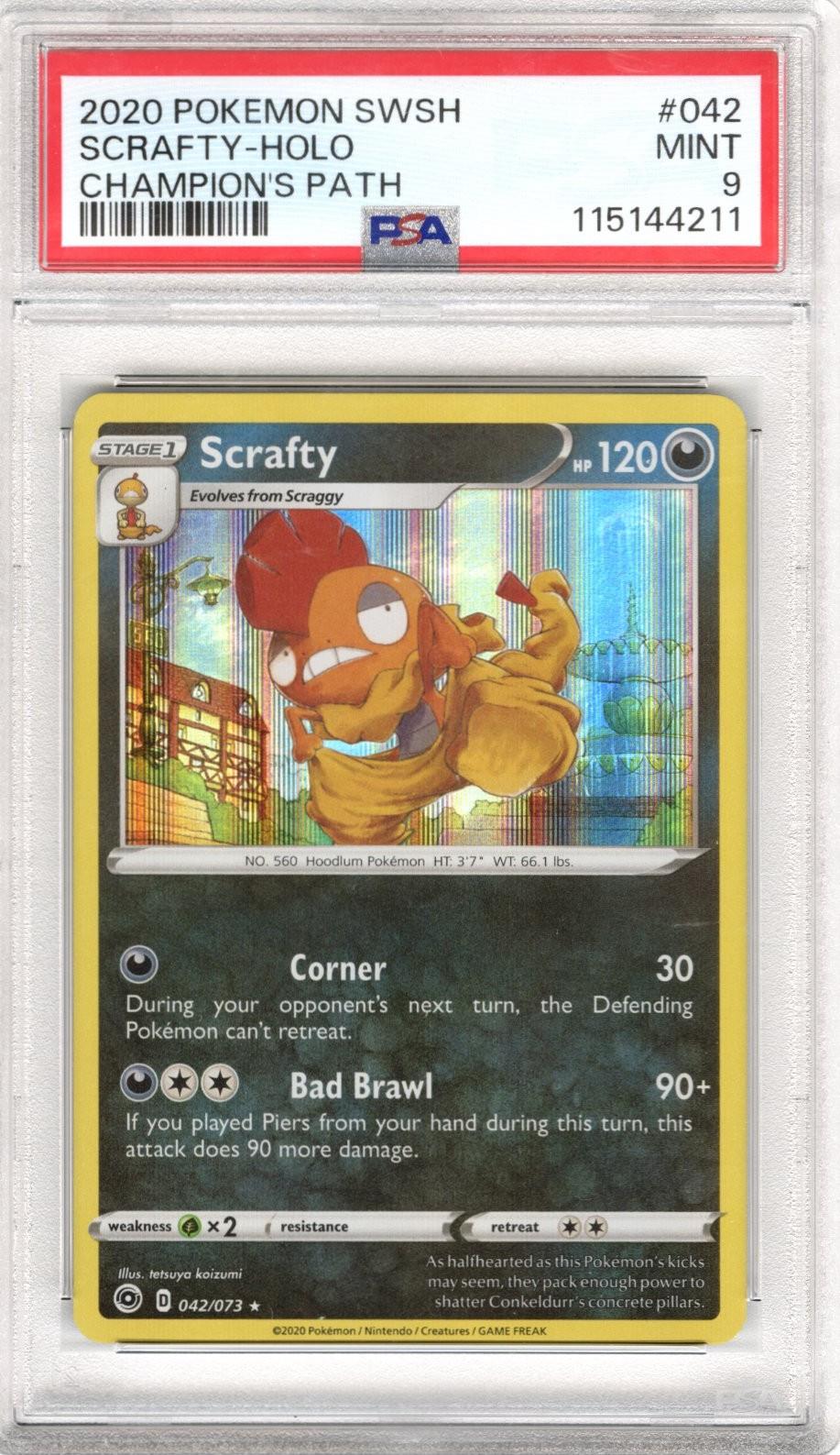 2020 Pokemon SWSH Champions Path Scrafty - Holo #042 PSA Mint 9 