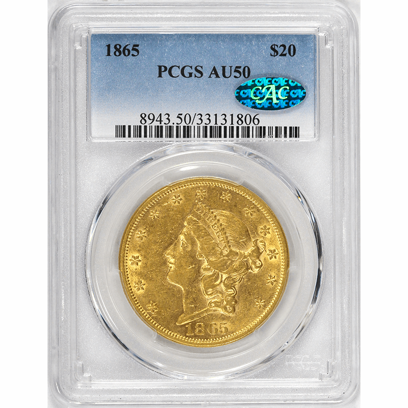 1865 $20 Gold Liberty Head Double Eagle - PCGS AU50 CAC - Civil War Era