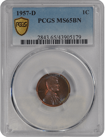 1957-D 1C Lincoln Cent - Type 1 Wheat Reverse PCGS BN#3439-2 MS65