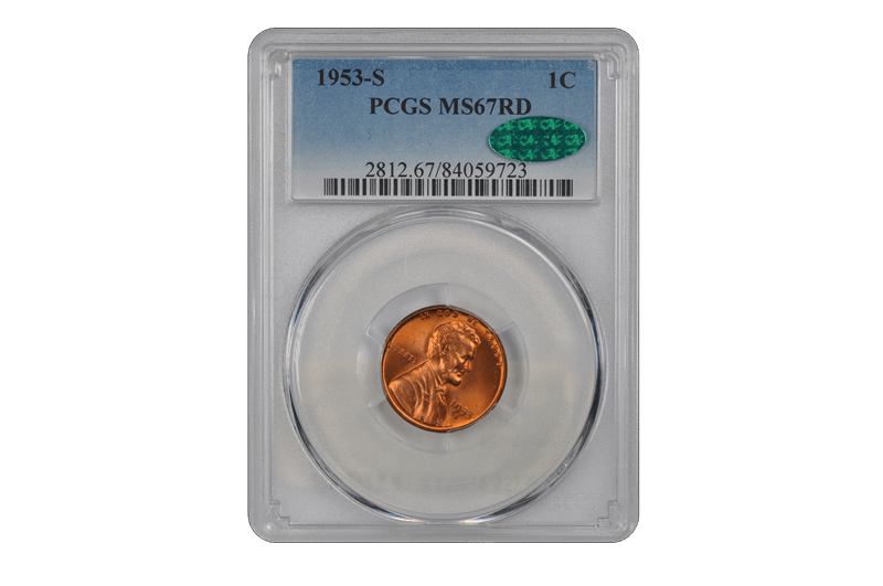 1953-S 1C Lincoln Cent - Type 1 Wheat Reverse PCGS RD (CAC) #3687-1 MS67