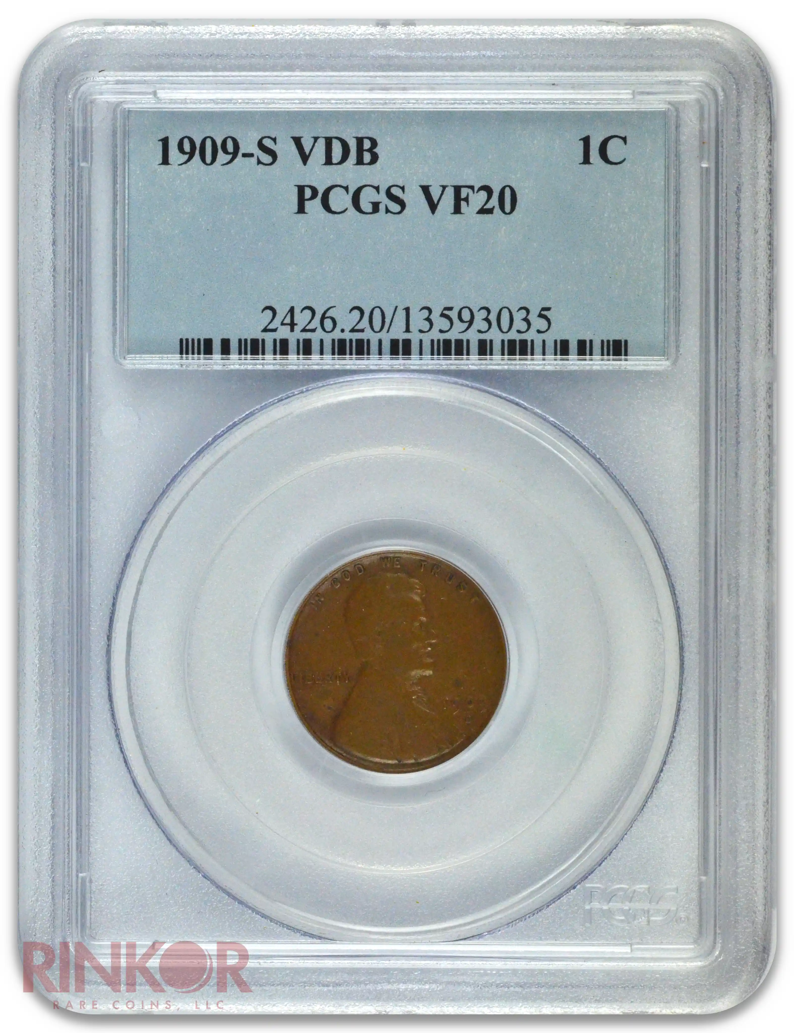 1909-S VDB 1C Lincoln Wheat Cent PCGS VF-20