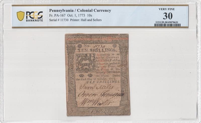 Fr. PA-167 Oct. 1, 1773 10s Colonial Currency Hall and Sellers PCGS VF30 