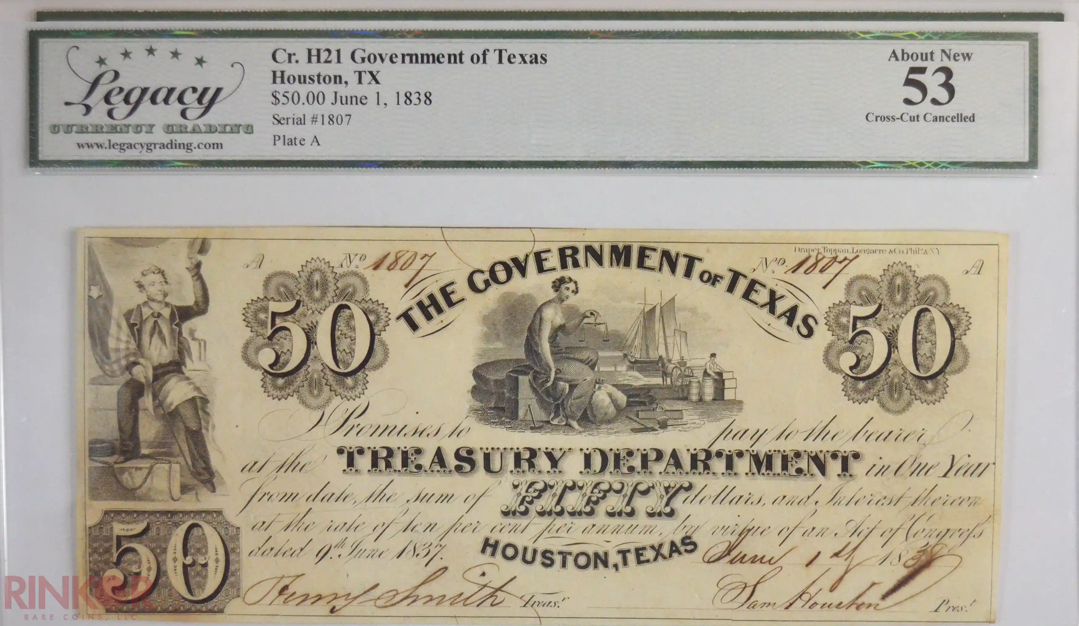 1838 $50 Cr. H21 Government of Texas Cross-Cut Cancelled LCG AU-53