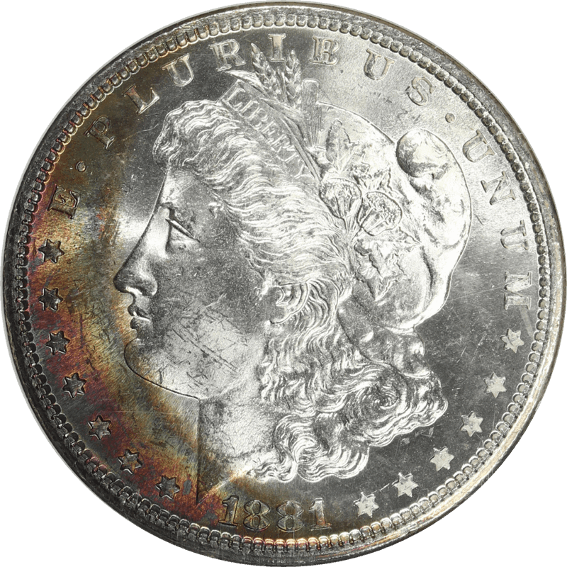 1881-S Morgan Silver Dollar $1, NGC MS 63 * CAC - Rainbow Toning