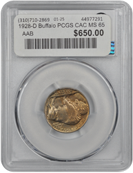 1928-D Buffalo PCGS CAC MS 65