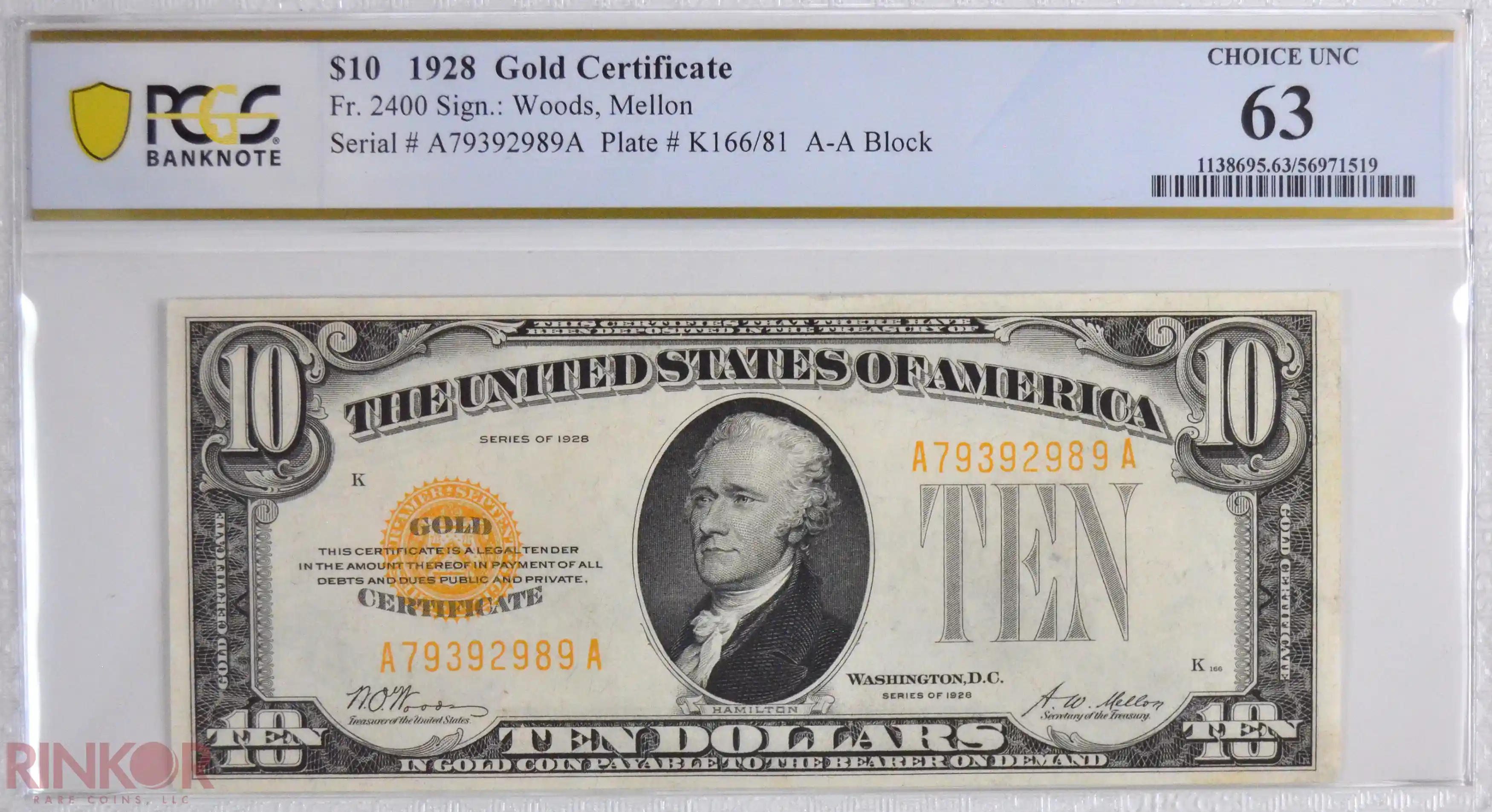 1928 $10 Fr. 2400 Gold Certificate PCGS CU 63