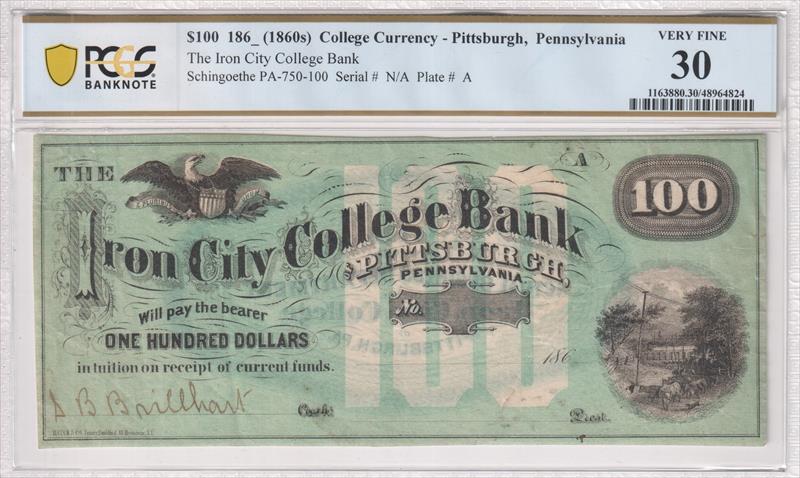 186_ Iron City College Bank Pittsburgh $100 PCGS VF30 