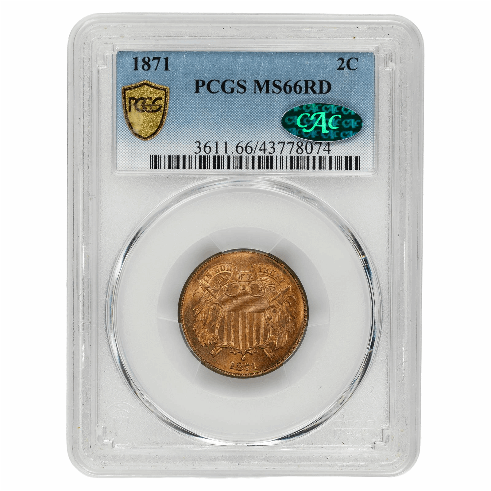 1871 Two Cent Shield 2C PCGS MS 66 RD CAC