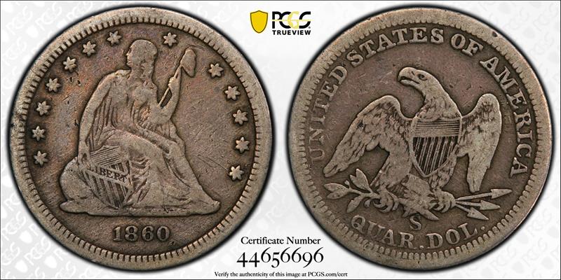 1860-S 25C PCGS F-12