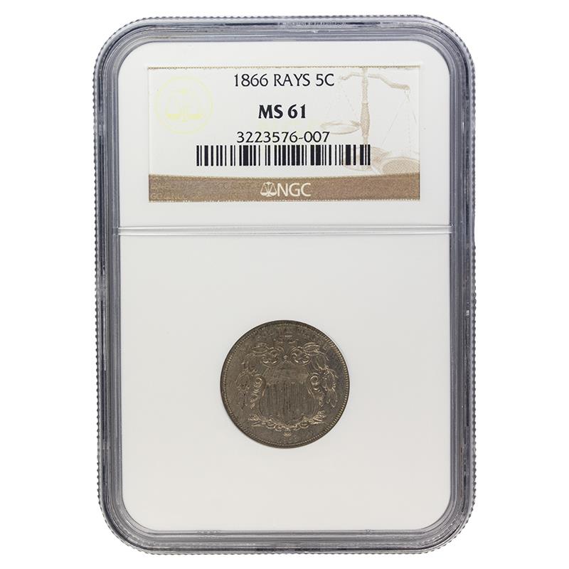 1866 Shield Nickel Rays, 5C NGC MS 61 