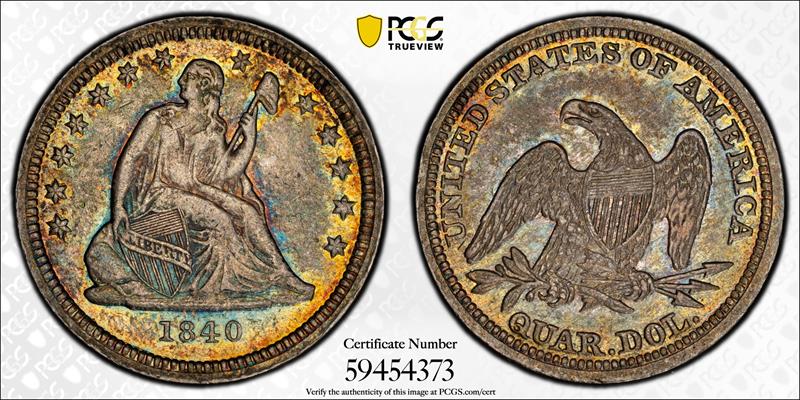 1840  Drapery 25C PCGS AU-53 CAC