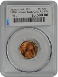 1910 Lincoln PCGS CAC RD 67+