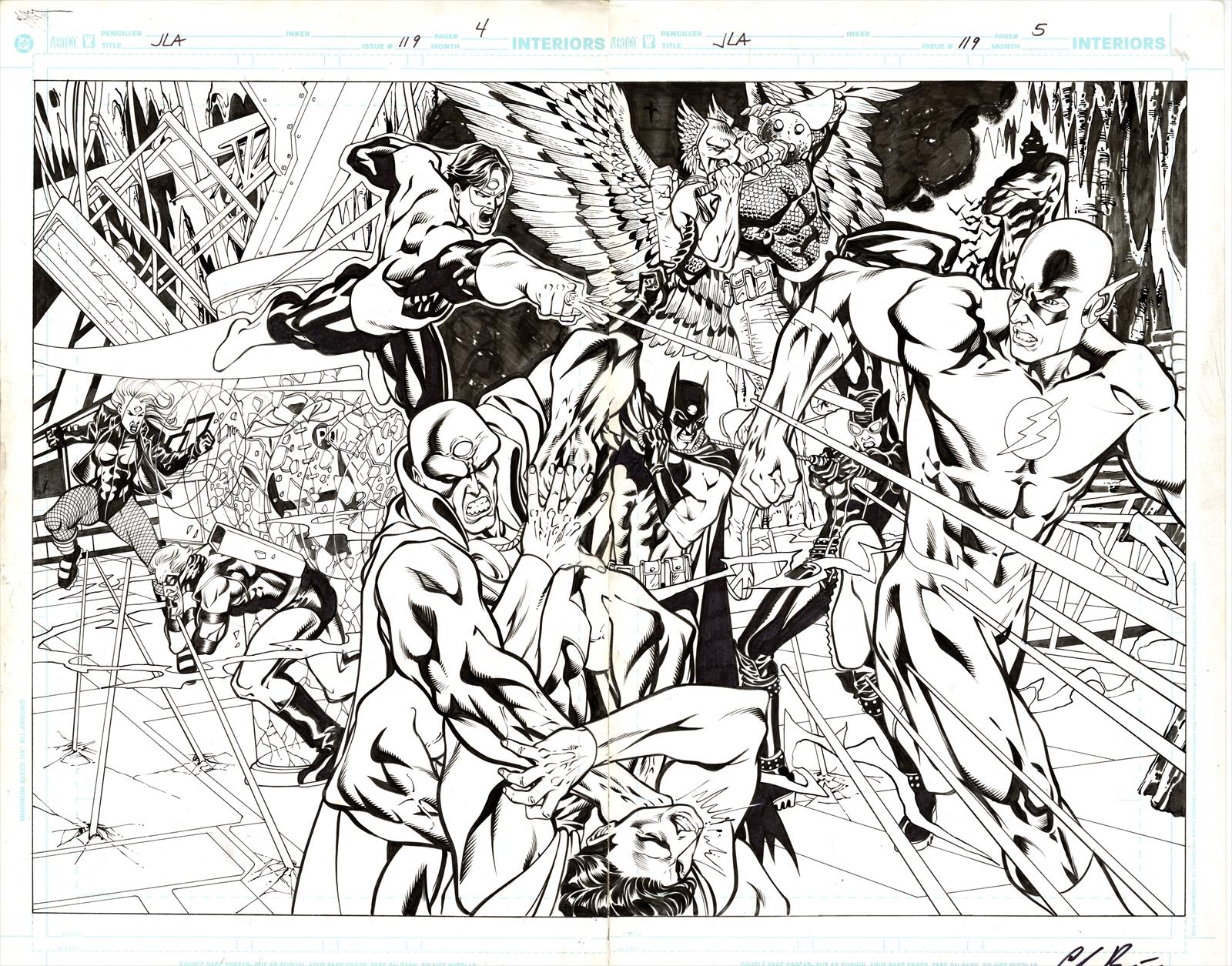 JLA #119 Page 4 & 5 Artist:  Chris Batista (Penciller) ,  Mark Farmer (Inker) Media Type: Pen and Ink Art Type: Double Page Splash 