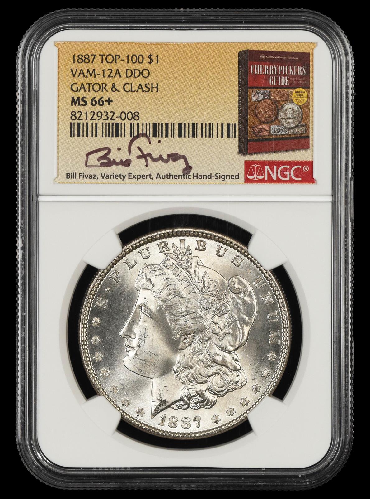 1887 $1 VAM 12A DDO Gator & Clash Top 100 Bill Fivaz Signature Label NGC MS 66+