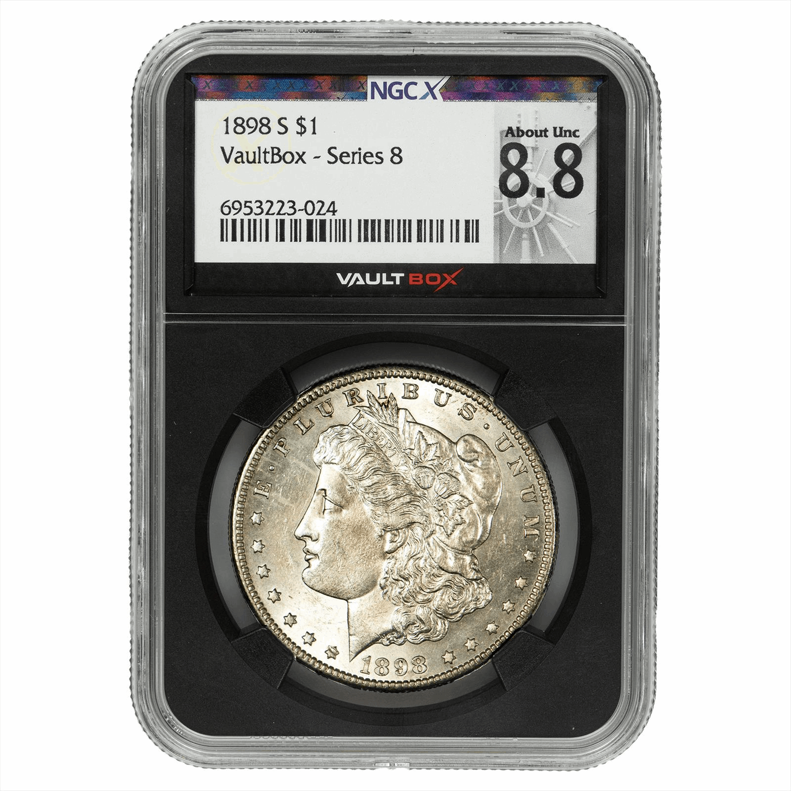 1898-S Morgan Silver Dollar $1 NGCx About UNC 8.8 VaultBox Series 8