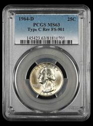 1964 D Washington Quarter PCGS MS63 Type C Reverse FS-901 MS63