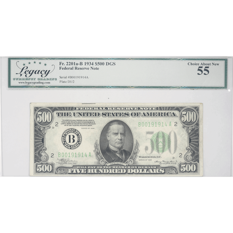 1934 $500 Federal Reserve Note, New York, Fr. 2201a-B,  LEGACY 55 Choice About New