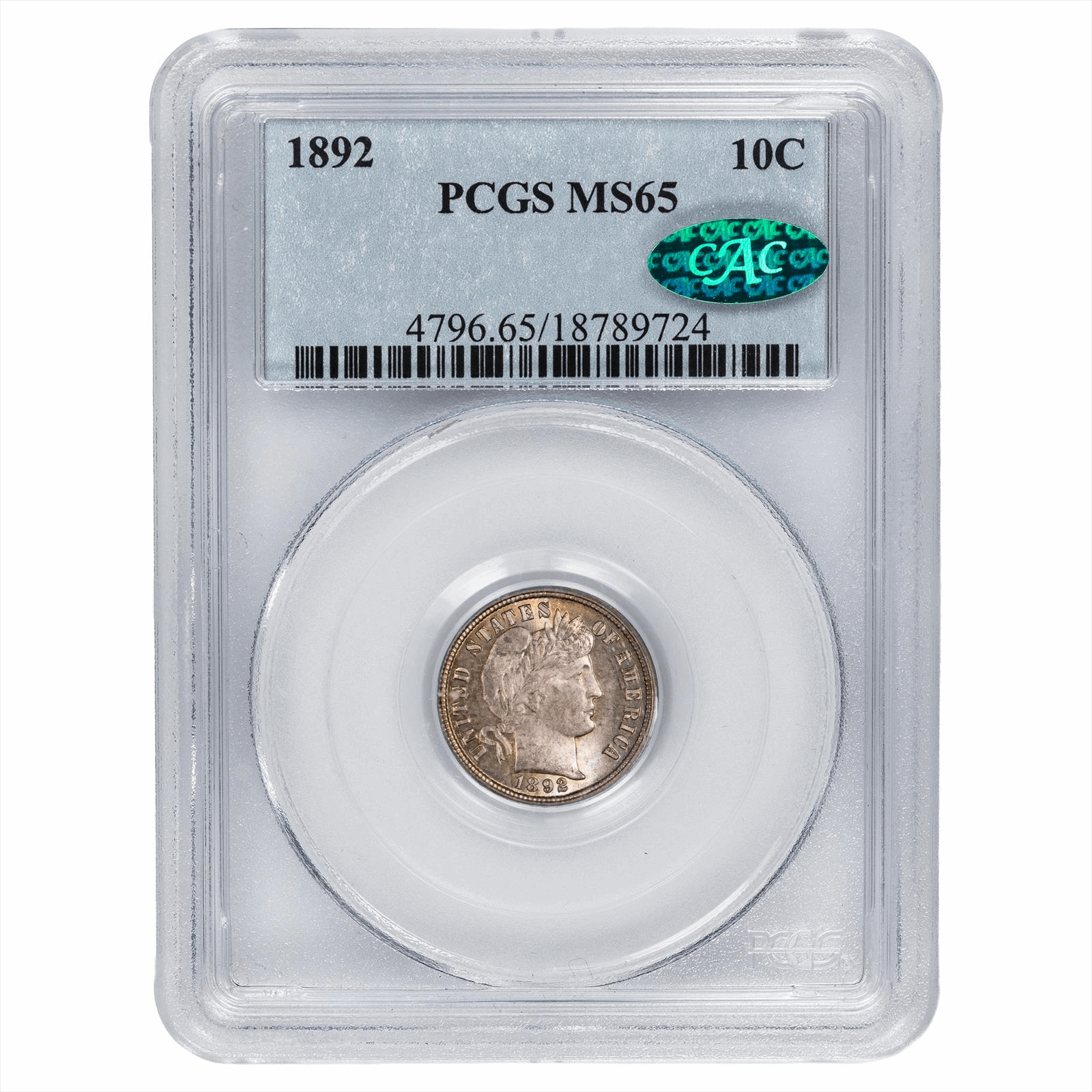1892 Barber Dime 10C PCGS PCGS MS 65 CAC