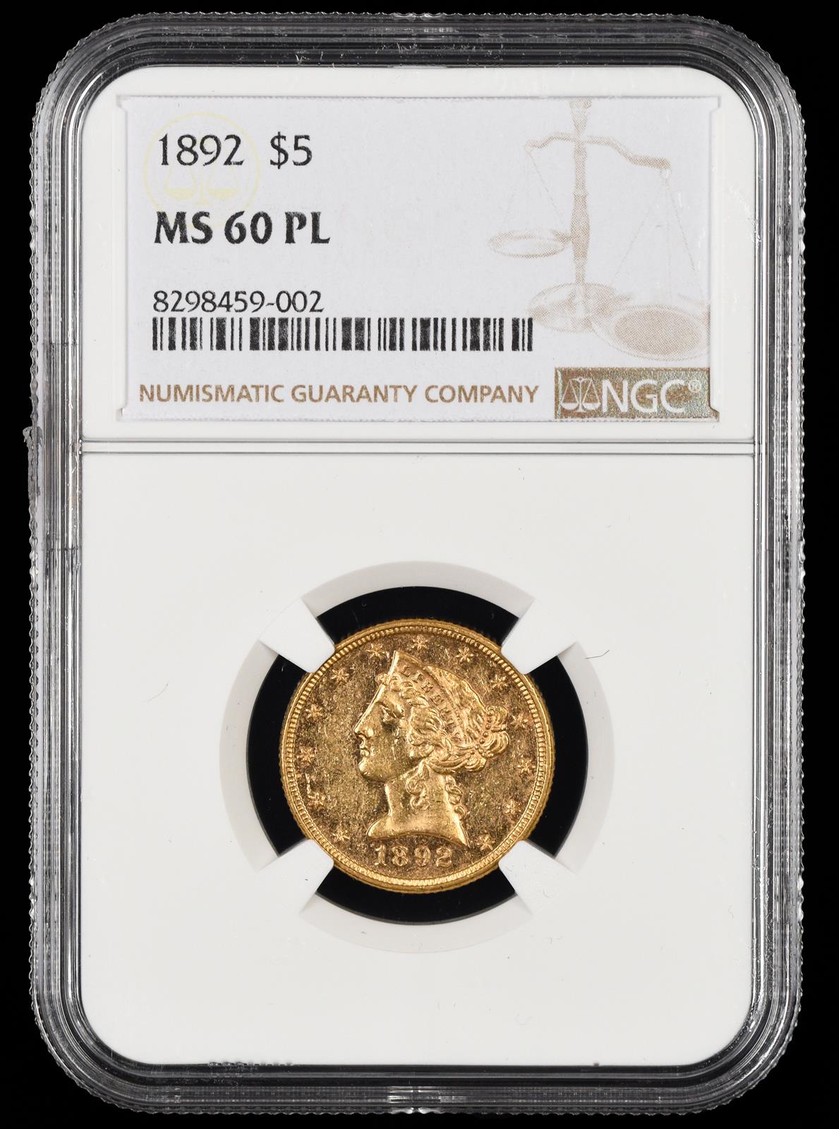 1892 $5 Gold NGC  MS60PL
