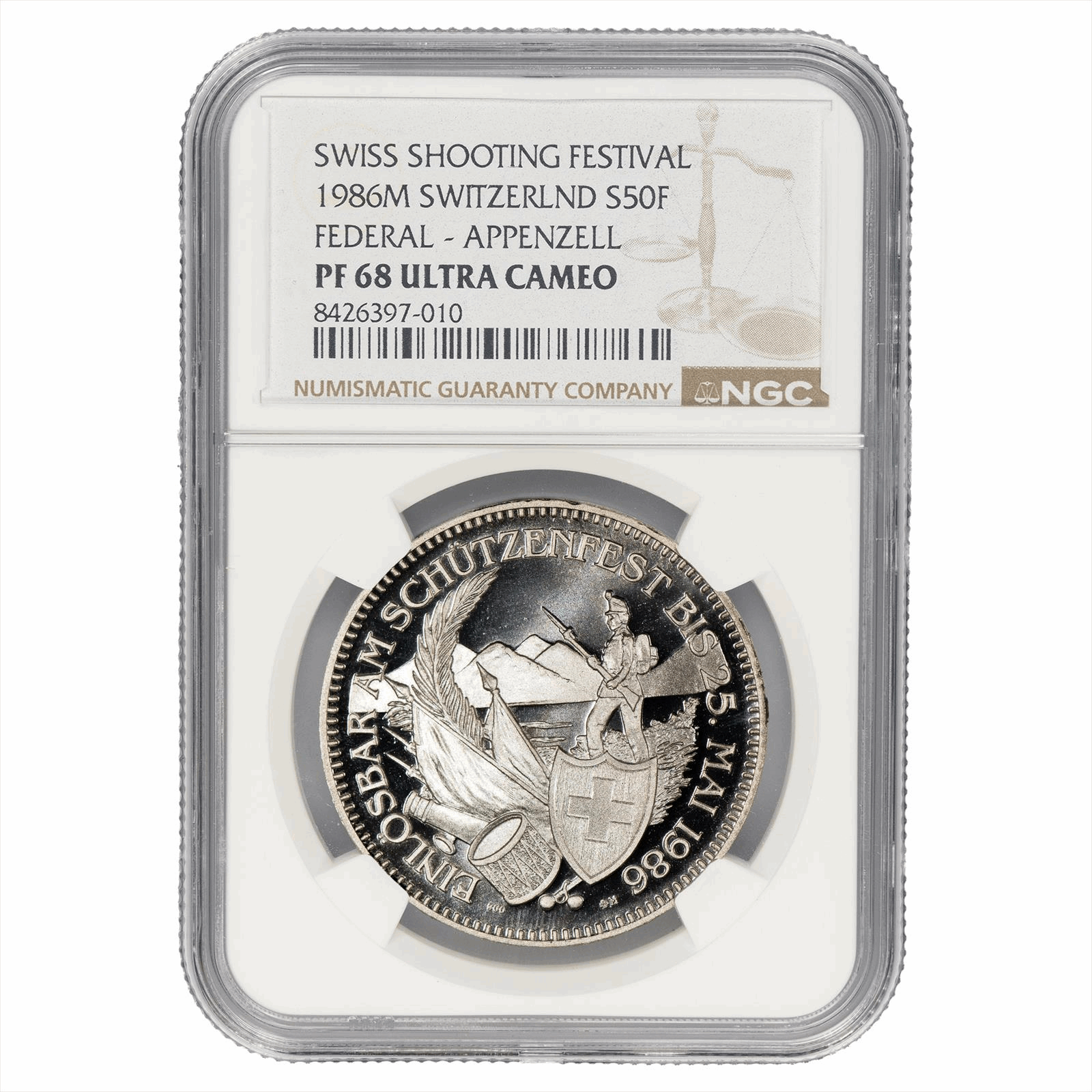 1986M Swiss Shooting Festival 50 Francs Fed-Appenzell NGC PF 68 UCAM