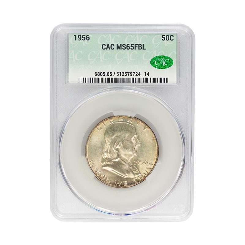 1956 Franklin Half Dollar 50C CACG .9 Silver MS 65 FBL, CAC Certified Green