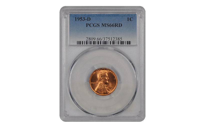 1953-D 1C Lincoln Cent - Type 1 Wheat Reverse PCGS RD #3457-16 MS66