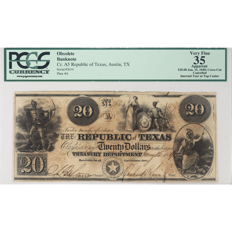 1840 Republic of Texas $20 Cr.6, PCGS Very Fine 35 Apparent,  S/N 3654