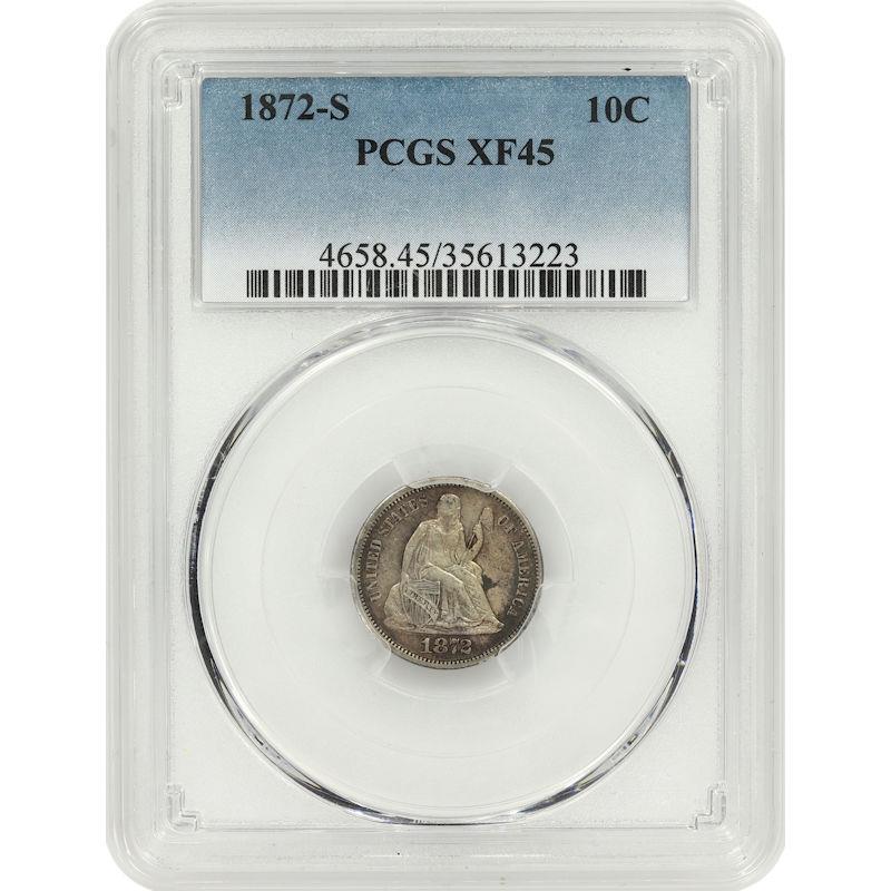 1872-S Seated Liberty Dime 10C PCGS XF45 Choice Extra Fine