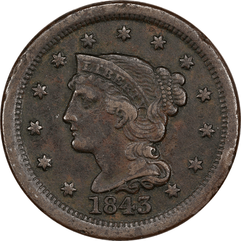 1843 Braided Hair Large Cent 1c Circulated, XF - Mature Head