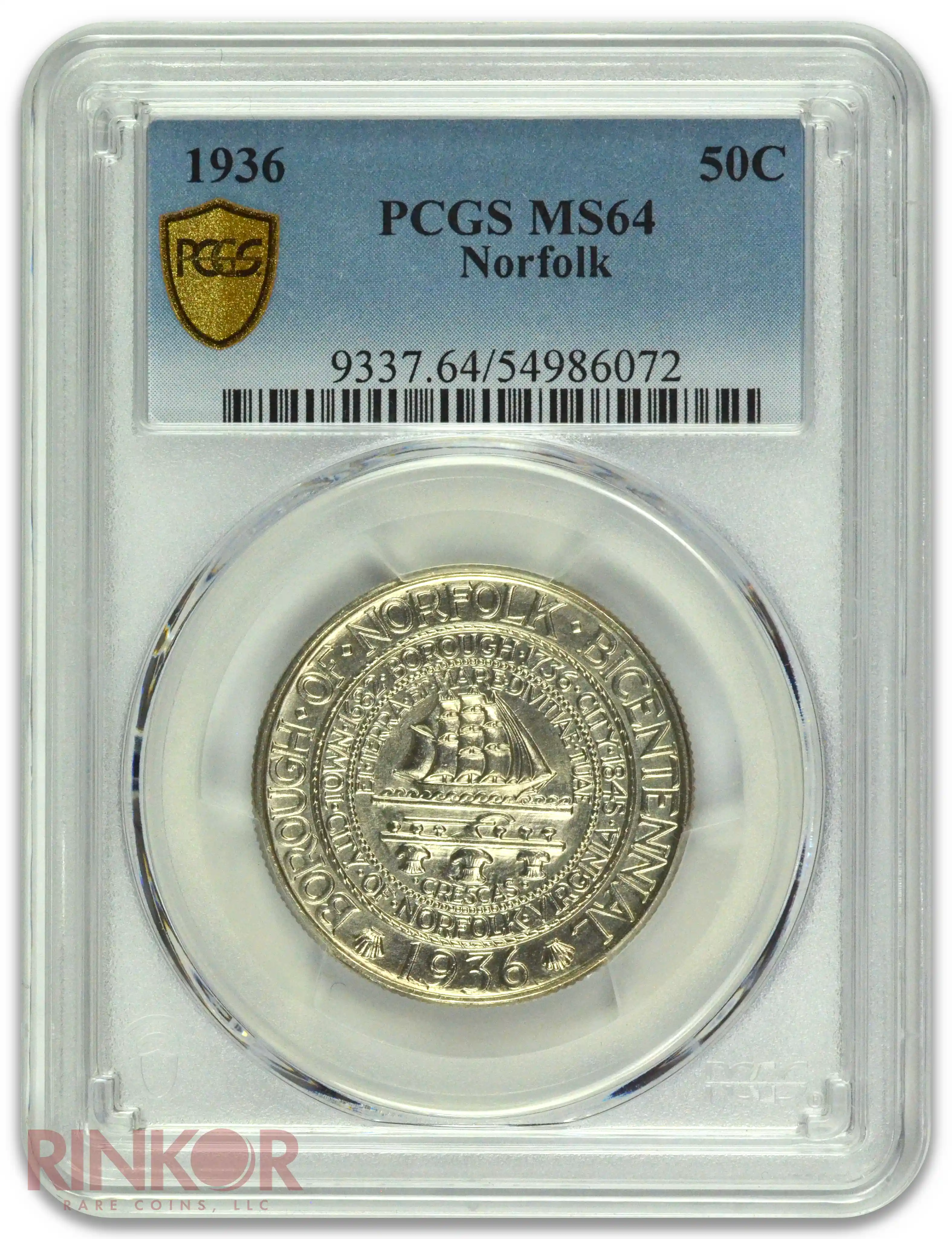 1936 50C Norfolk Commemorative Half Dollar PCGS MS 64