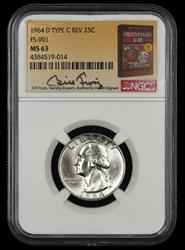 1964 D Washington Quarter NGC MS63 Type C Reverse FS-901 Bill Fivaz Signature Label MS63