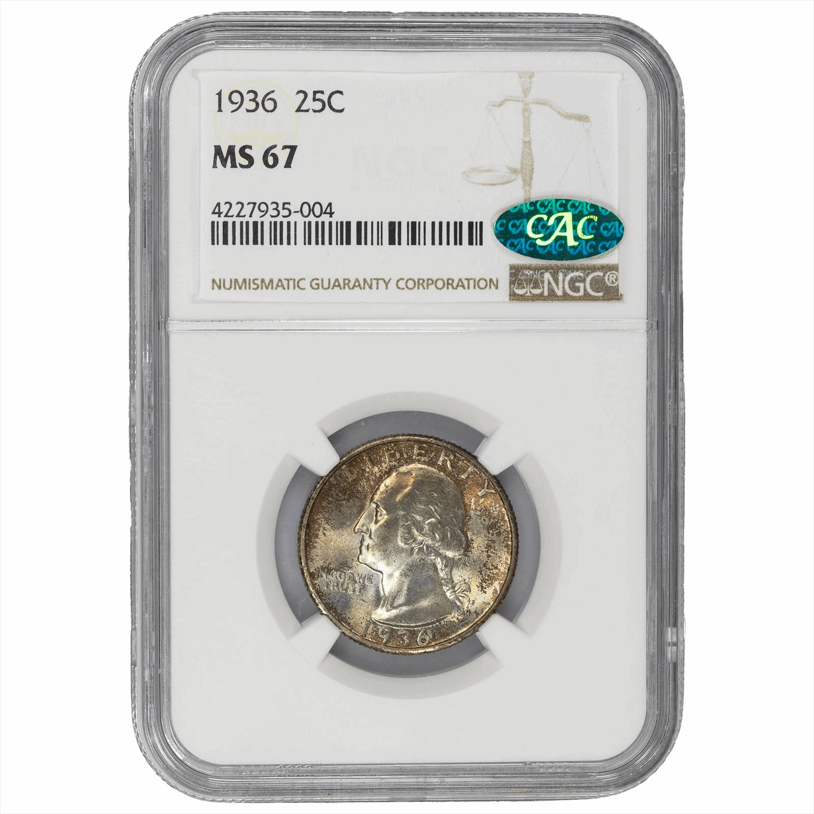 1936 Washington Quarter 25C NGC MS 67 CAC