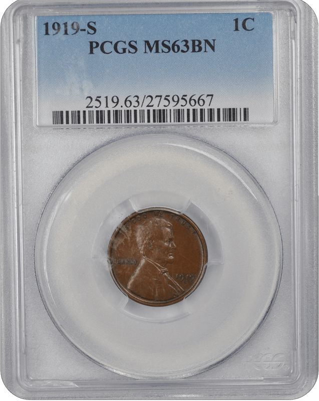 1919-S 1C Lincoln Cent - Type 1 Wheat Reverse PCGS BN #3452-5 MS63