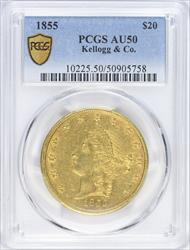 1855 $20 Kellogg PCGS AU-50