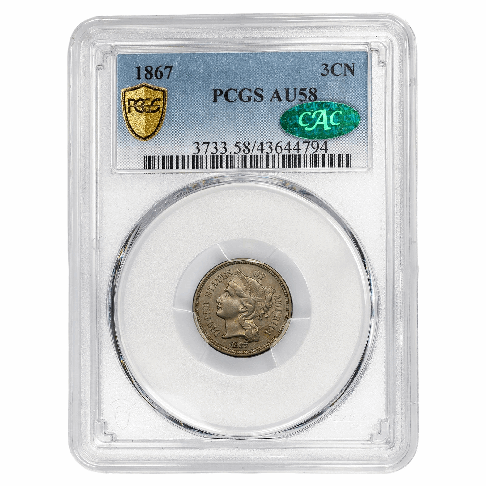1867 Three Cent Nickel 3CN PCGS AU 58 CAC