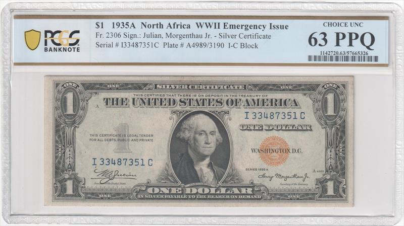 Fr. 2306 1935A $1 North Africa WWII Emergency PCGS 63 PPQ 